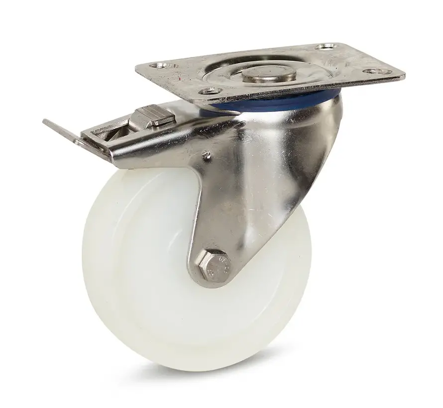 Roulette pivotante à platine avec frein chape en inox roue en polyamide blanc 100 mm 180 kg - RNY4-100G