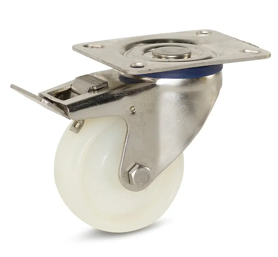 Roulette pivotante à platine avec frein chape en inox roue en polyamide blanc 80 mm 140 kg - RNY4-80G