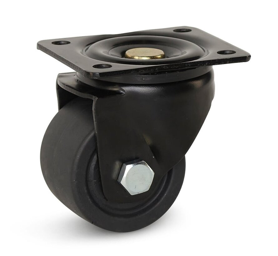 Roulette pivotante en nylon noir avec plaque supérieure - 75mm - 600kg