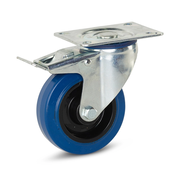 Roulette pivotante en caoutchouc élastique bleu freinée avec plateau supérieur - 160mm