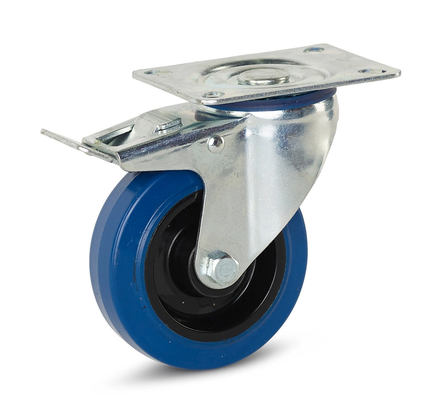 Roulette pivotante en caoutchouc élastique bleu freinée avec plateau supérieur - 160mm