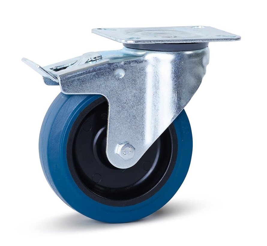 Roulette pivotante en caoutchouc élastique bleu freinée avec plateau supérieur - 125mm - 200 kg