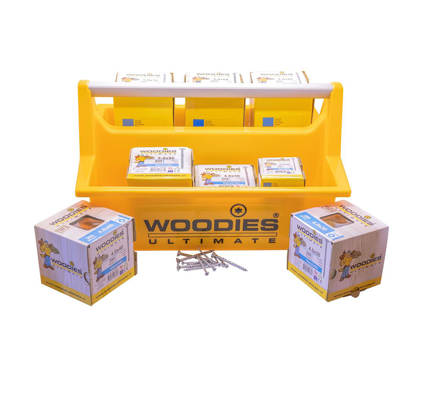 Woodies - mallette de transport jaune avec poignée en aluminium - vis pour bouclier extérieur + porte-aimant (1.400 pièces)