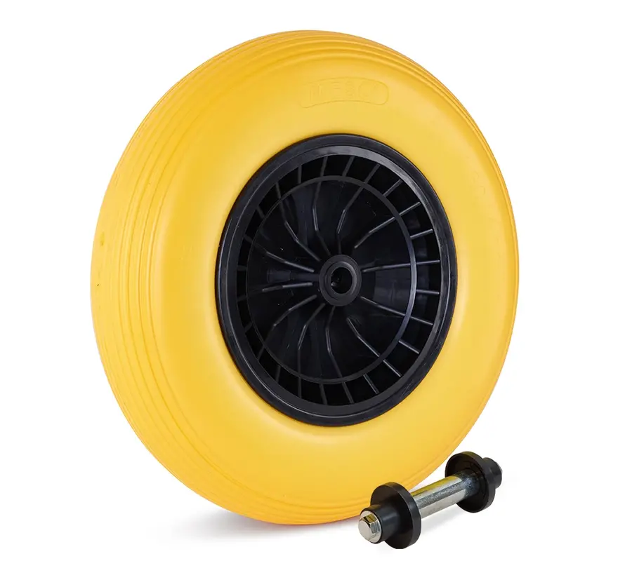Roue de brouette 400 x 8 en plastique PU jaune, anti-crevaison, jante en plastique avec roulement à rouleaux, capacité de charge 200 kg, alésage de 20 mm, AXE DE 130 mm INCLUS