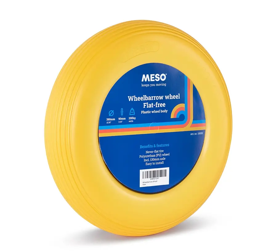Roue de brouette 400 x 8 en plastique PU jaune, anti-crevaison, jante en plastique avec roulement à rouleaux, capacité de charge 200 kg, alésage de 20 mm, AXE DE 130 mm INCLUS
