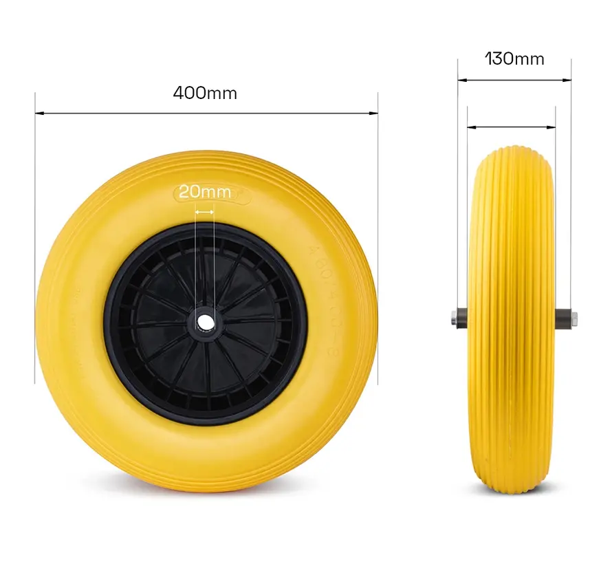 Roue de brouette 400 x 8 en plastique PU jaune, anti-crevaison, jante en plastique avec roulement à rouleaux, capacité de charge 200 kg, alésage de 20 mm, AXE DE 130 mm INCLUS