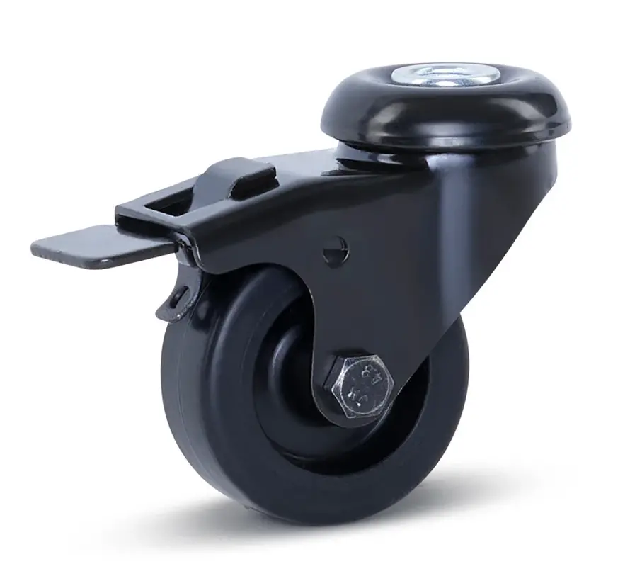 Roulette de meuble pivotante noire freinée avec trou central - 50mm - 40kg