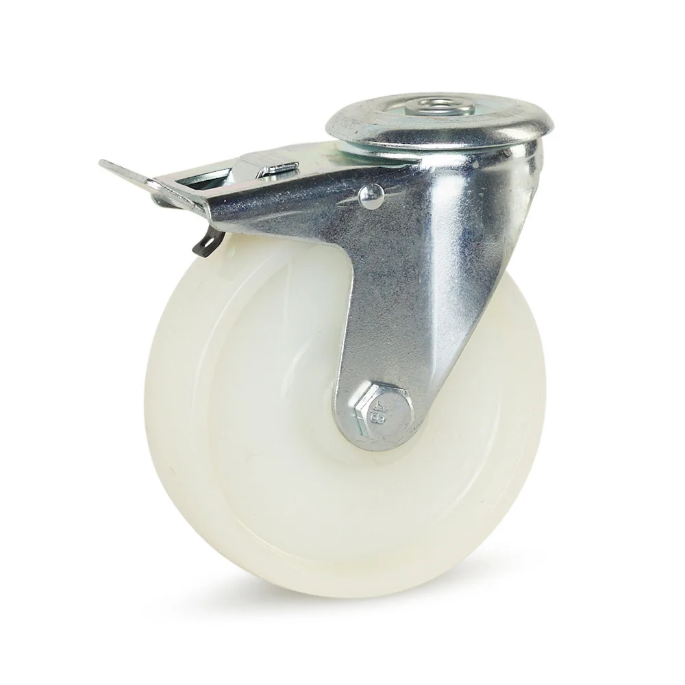 Roulette Pivotante INOX Freinée - Diamètre 125mm, Roue Polyamide Blanc - Charge 300 Kg - Pour Sols Lisses