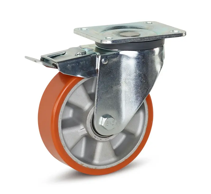 Roulette pivotante en PU freinée avec plateau supérieur - 160mm - 700kg