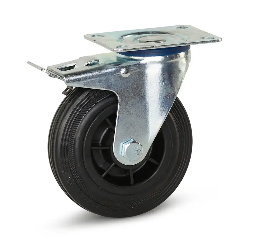Roulette pivotante en caoutchouc freinée avec plateau supérieur - 125mm - 120kg