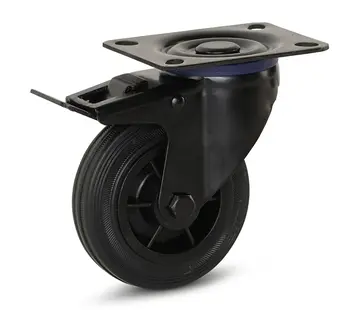 MESO Roulette pivotante en caoutchouc noir freinée avec plateau supérieur - 100mm - 75kg