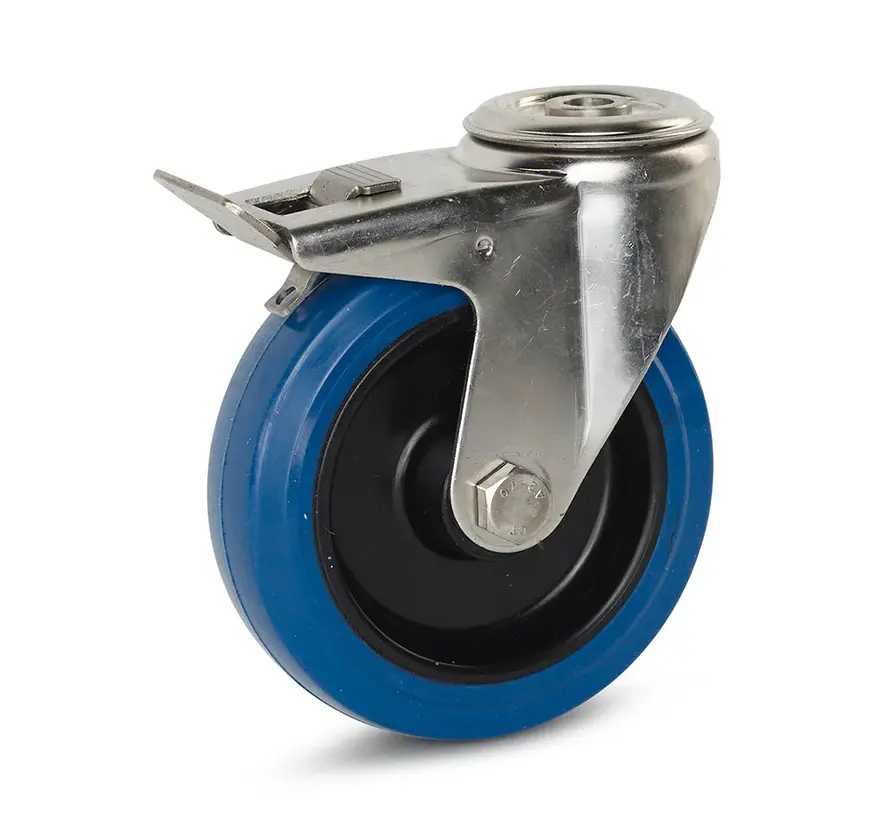 Roulette pivotante à trou central et frein chape en Inox roue caoutchouc élastique bleu 125 mm 120 kg
