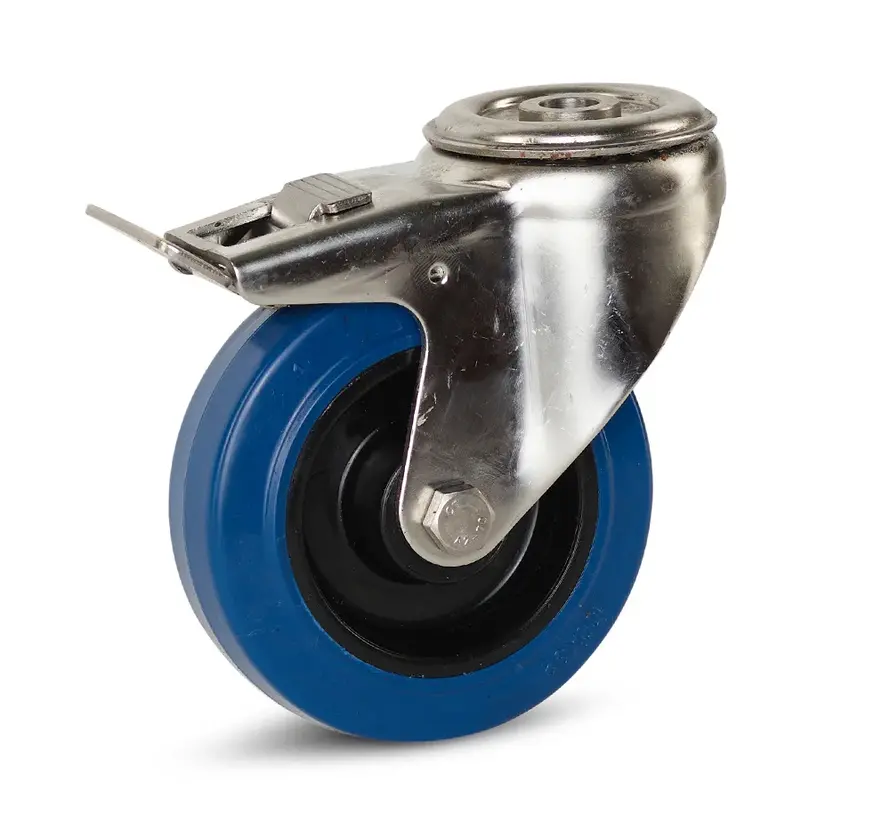Roulette pivotante élastique en acier inoxydable freinée avec trou central - 100mm - 100kg