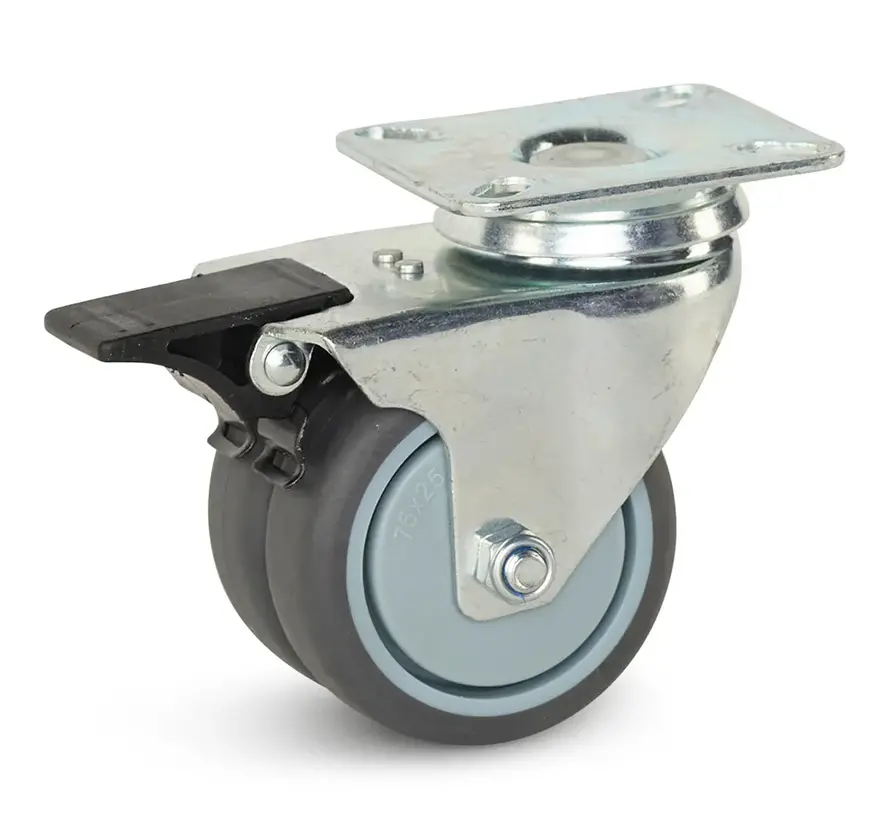 Roue double pivotante freinée avec plateau supérieur - 75mm - 150kg
