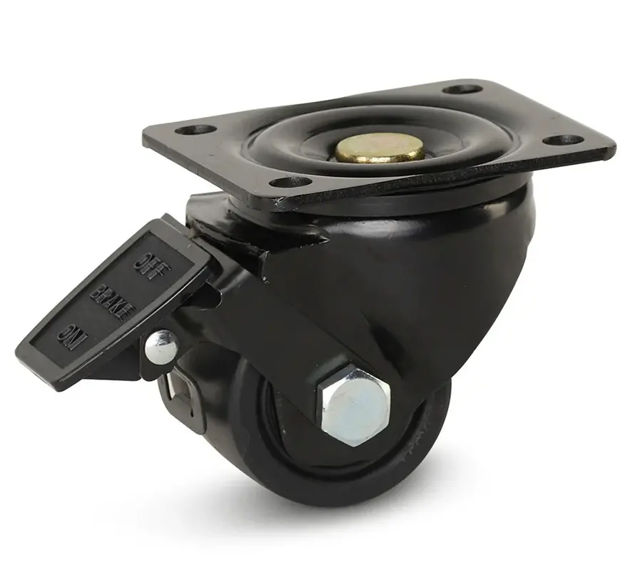 Roulette pivotante en nylon noir pour charges lourdes, freinée avec plaque supérieure - 65mm - 500kg