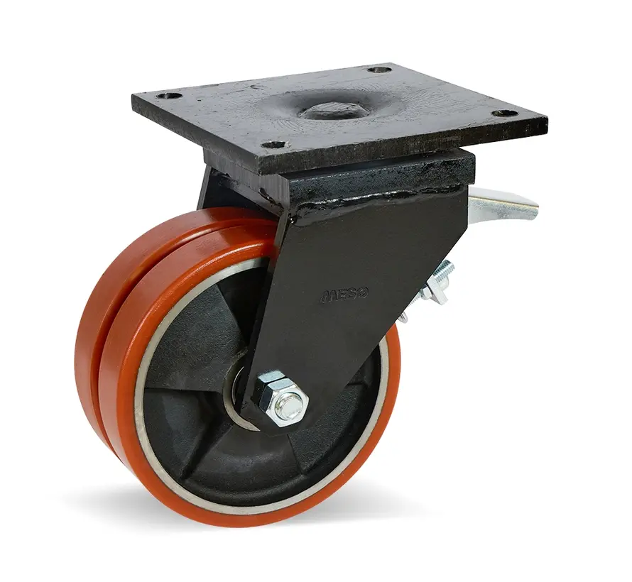 Double roulette pivotante PU extra lourde freinée avec plateau supérieur - 200mm - 2200kg