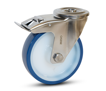 MESO Roulette pivotante en acier inoxydable PU bleu freinée avec trou de boulon -125mm - 220kg