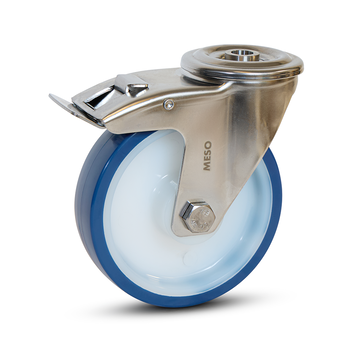 MESO Roulette pivotante en acier inoxydable PU bleu freinée avec trou de boulon -125mm - 220kg