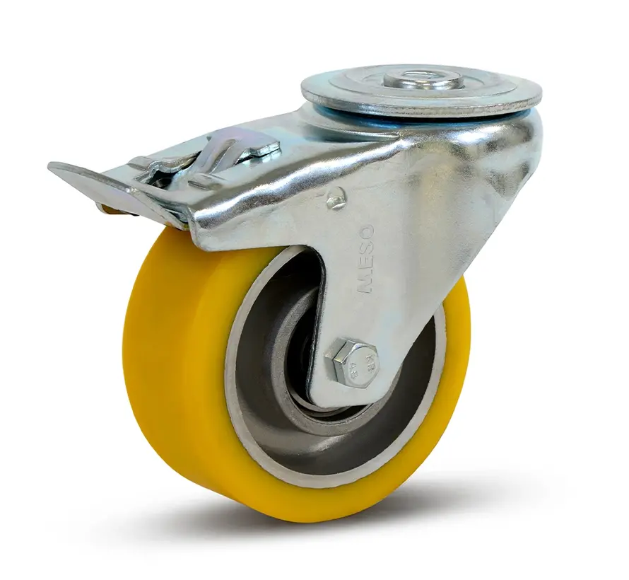 Roulette pivotante en PU freinée avec trou de boulon - 100mm - 350kg