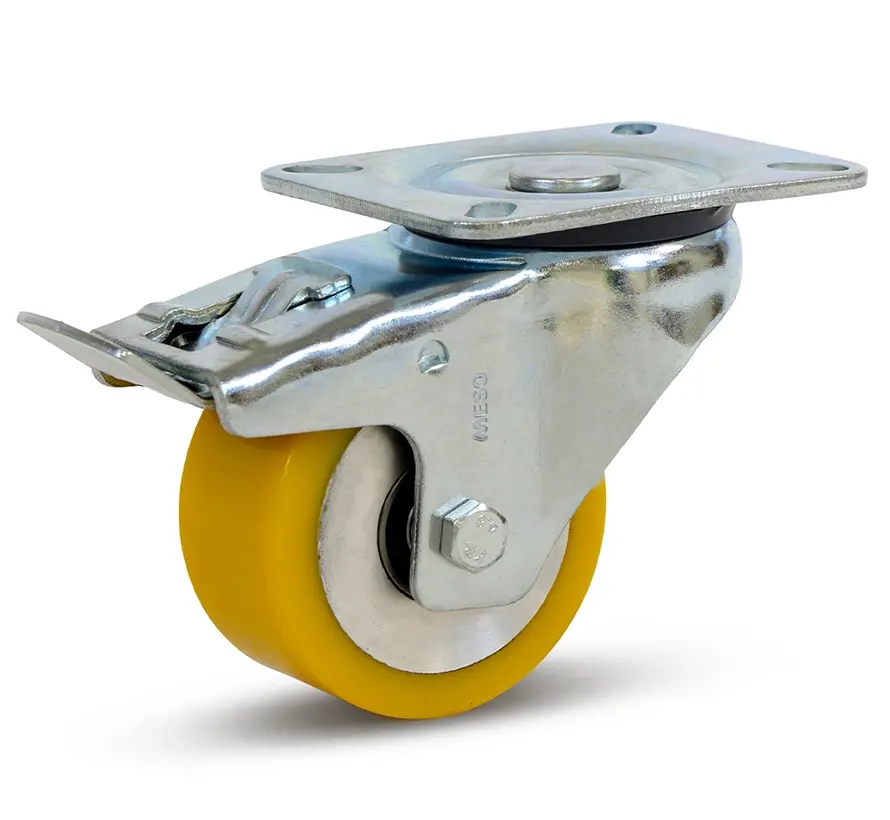 Roulette pivotante en PU freinée avec plateau supérieur - 80mm - 300kg
