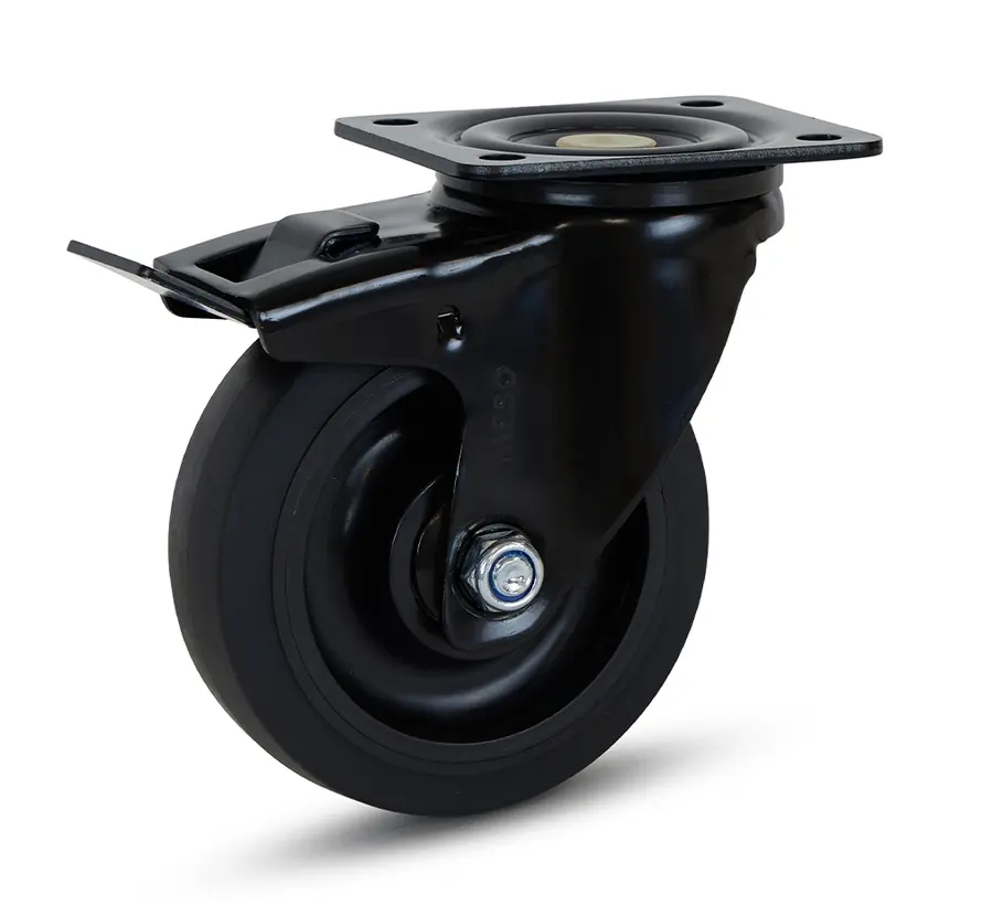 Roulette pivotante en caoutchouc noir freinée avec plateau supérieur - 125mm - 250kg