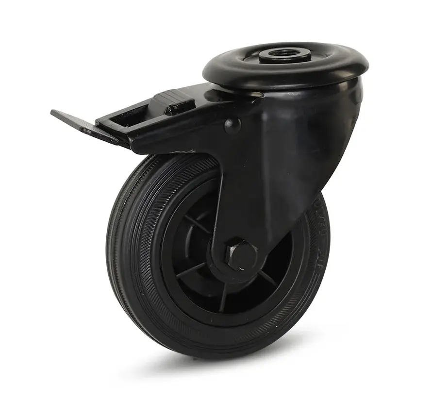 Roulette pivotante en caoutchouc noir freinée avec trou central - 100mm - 75kg - Phase out