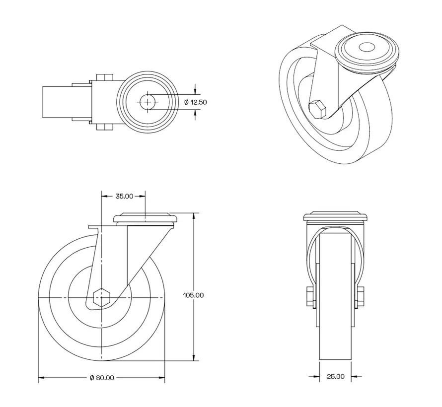 Roulette pivotante en caoutchouc inodore avec trou central - 80mm - 80kg - Phase out - Phase out