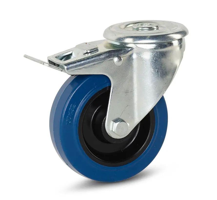 Rueda giratoria de goma elástico azul con freno 100 mm - RB6-100