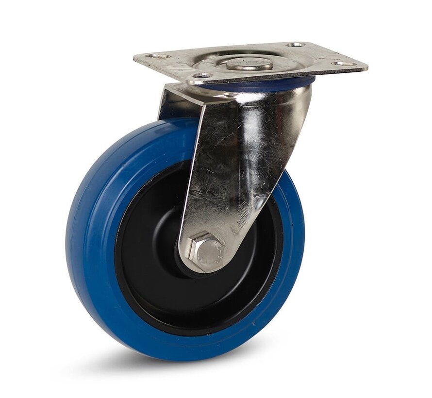 Rueda giratoria de goma elástico azul, Inoxidable 125 mm - 120 kg