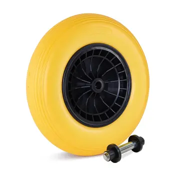 MESO Rueda para carretilla 400x8 de plástico PU amarillo, a prueba de pinchazos, llanta de plástico con rodamiento de rodillos, capacidad de carga de 200 kg, diámetro del orificio del eje de 20 mm. INCLUYE EJE DE 130 mm