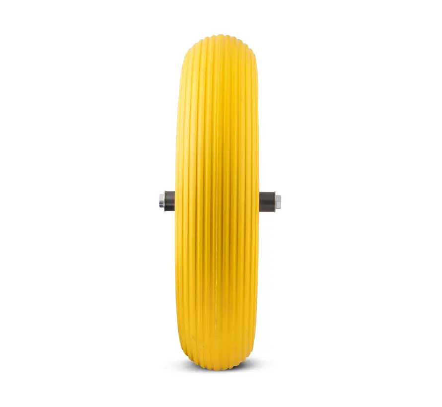 Rueda para carretilla 400x8 de plástico PU amarillo, a prueba de pinchazos, llanta de plástico con rodamiento de rodillos, capacidad de carga de 200 kg, orificio del eje de 20 mm. INCLUYE EJE DE 130 mm