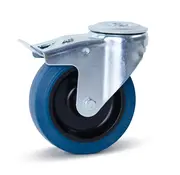 MESO Rueda giratoria de caucho elástico azul con freno y agujero central - 125mm - 180kg