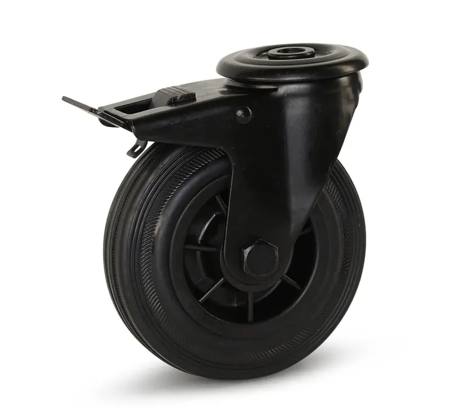 Rueda giratoria de caucho negro con freno y agujero central - 125mm - 90kg