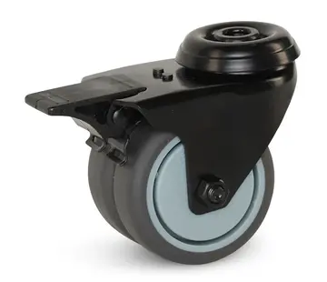 MESO Doble rueda giratoria con freno y carcasa negra con agujero central - 75mm - 150kg