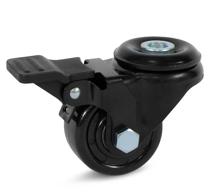 Rueda giratoria de nylon negro con freno y agujero central - 50mm - 150kg
