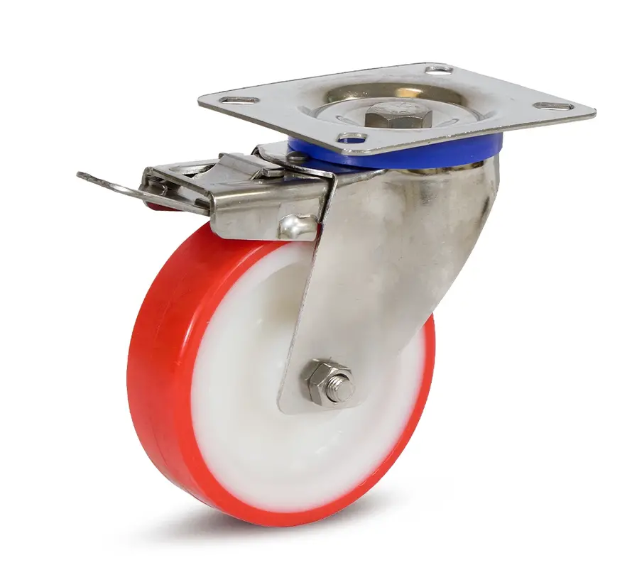 Rueda giratoria de acero inoxidable PU frenada con placa superior - 100mm - 120kg - A