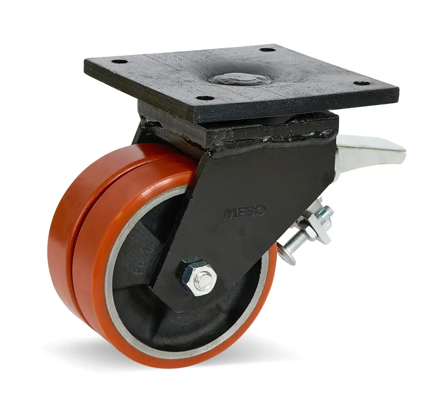 Doble rueda giratoria de PU extra resistente con freno y placa superior - 150mm - 1250kg