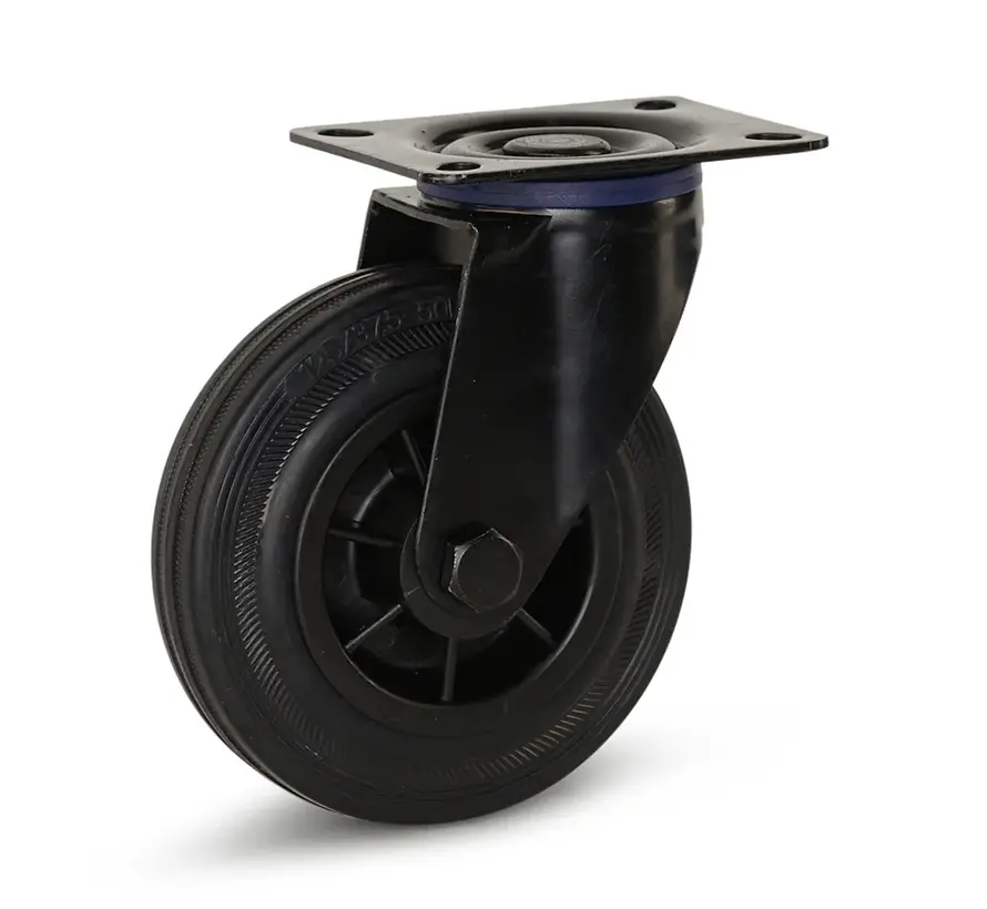 Rueda giratoria de goma negra con placa superior - 125mm - 150kg