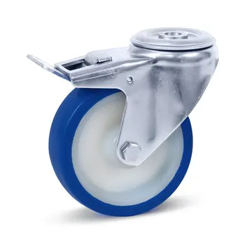 MESO Rueda giratoria de acero inoxidable PU azul frenada con agujero central - 100mm - 180kg