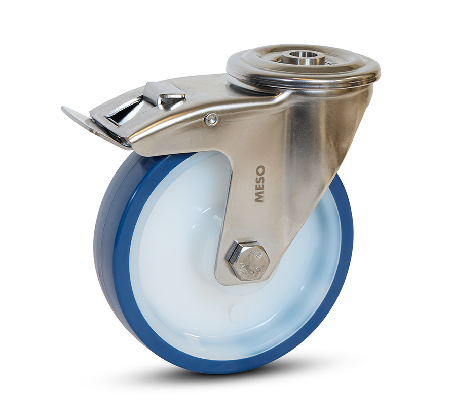 Rueda giratoria de acero inoxidable PU azul con freno y agujero para perno -125mm - 220kg