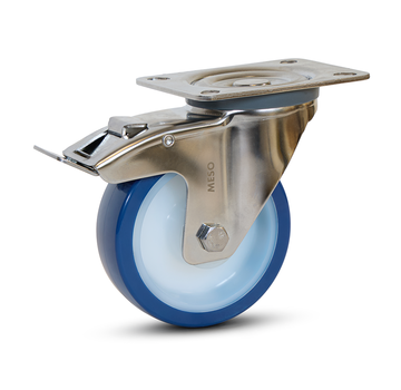 MESO Rueda giratoria de acero inoxidable PU azul frenada con placa superior - 100mm - 180kg