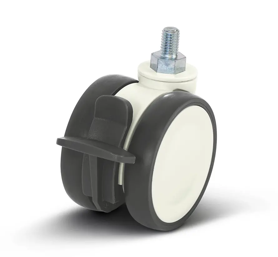 Rueda blanca giratoria doble para muebles con freno y rosca - 75mm - 80kg