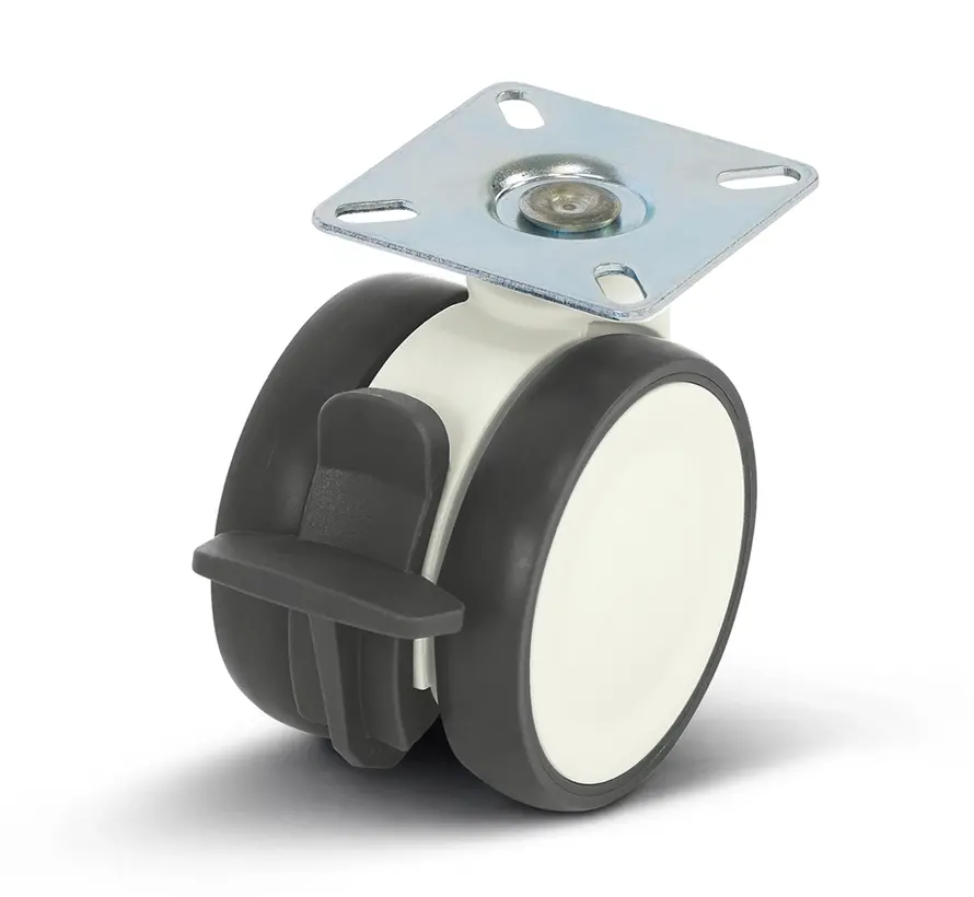 Rueda giratoria blanca doble para muebles frenada con placa superior - 75mm - 80kg