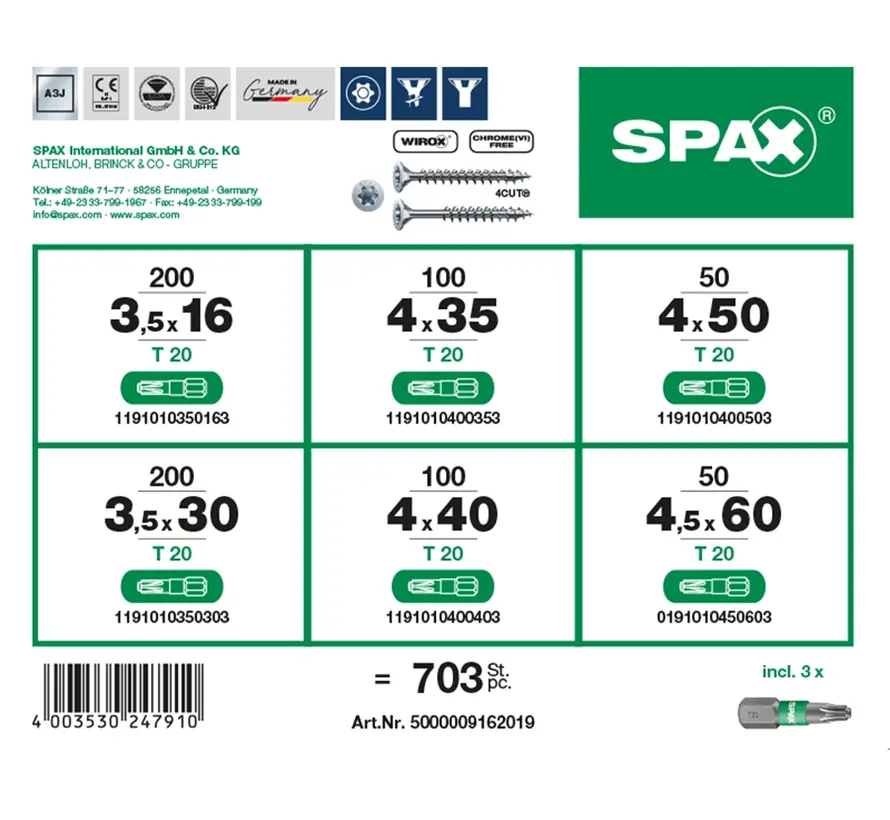 Spax - tornillos - Torx - L-BOXX - WIROX - caja mini surtido (700 unid.)