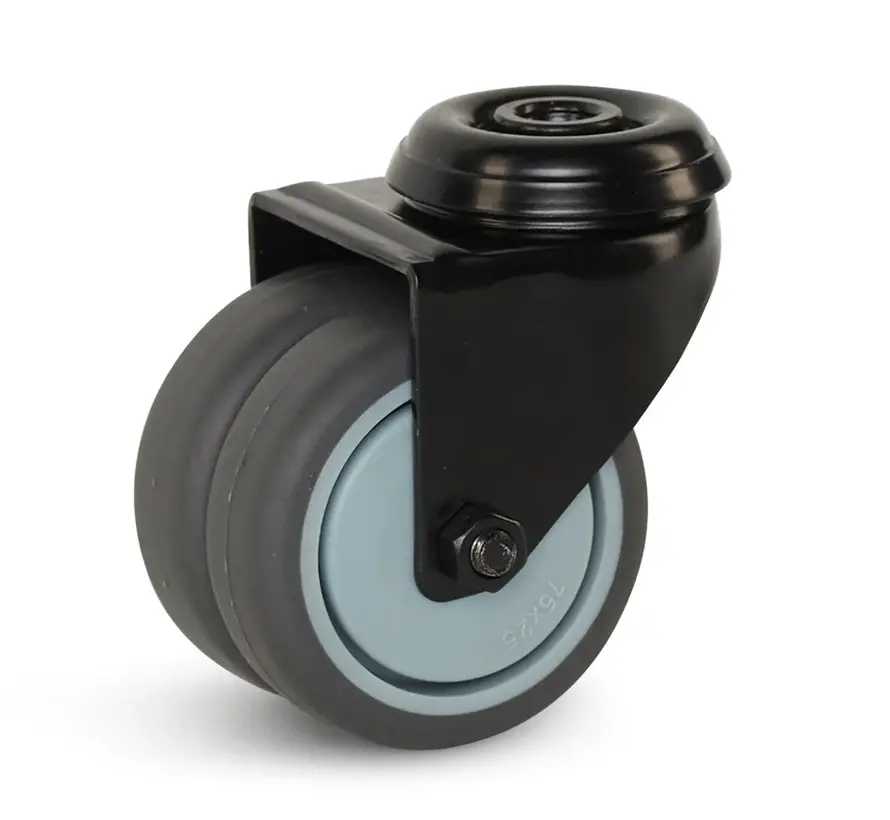 75 mm twin swivel castor with black housing, bolt and nut -