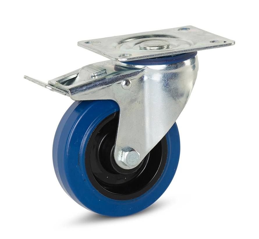 Ruota girevole in gomma elastica blu frenata con piastra superiore - 160mm