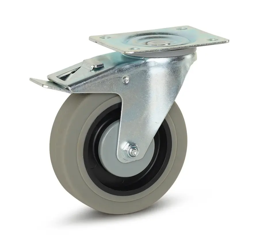 Ruote in gomma grigia frenate con piastra superiore - 125mm - 180kg