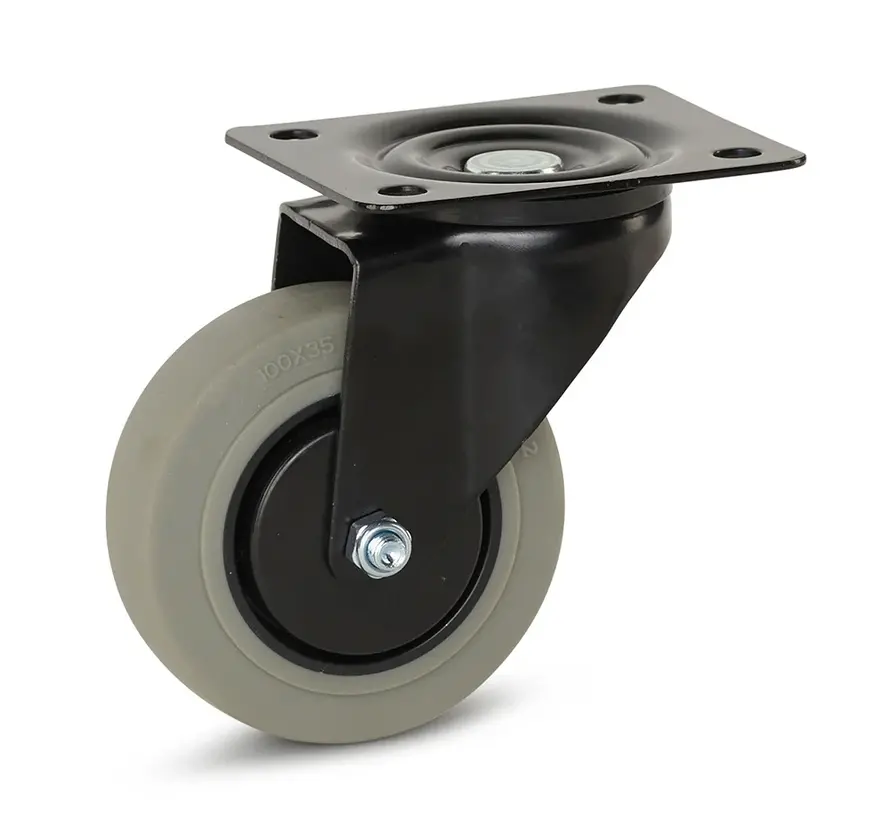 Ruote grigie in gomma con alloggiamento nero e piastra superiore - 100mm - 150kg