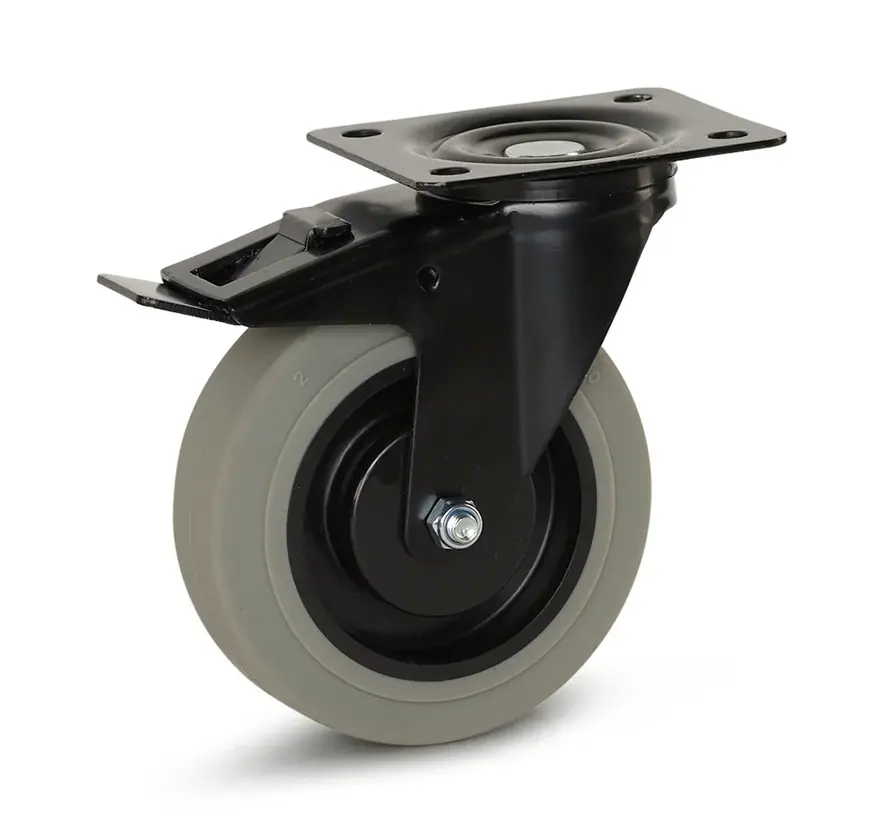 Ruote grigie in gomma con alloggiamento nero frenato con piastra superiore - 125mm - 180kg