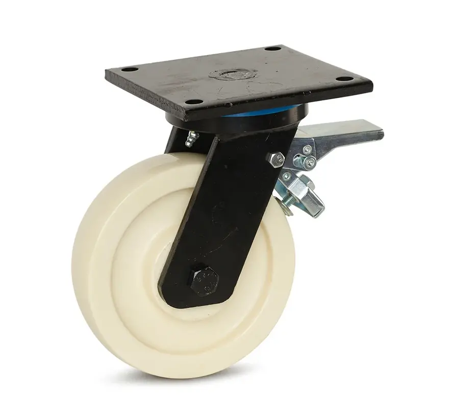 Ruota girevole extra pesante in nylon frenata con piastra superiore - 200 mm - 1.300 kg